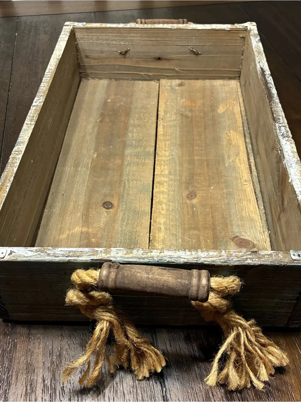Farmhouse Painted Wood Rectangle Serving Tray Rope Handles Brown White Blue